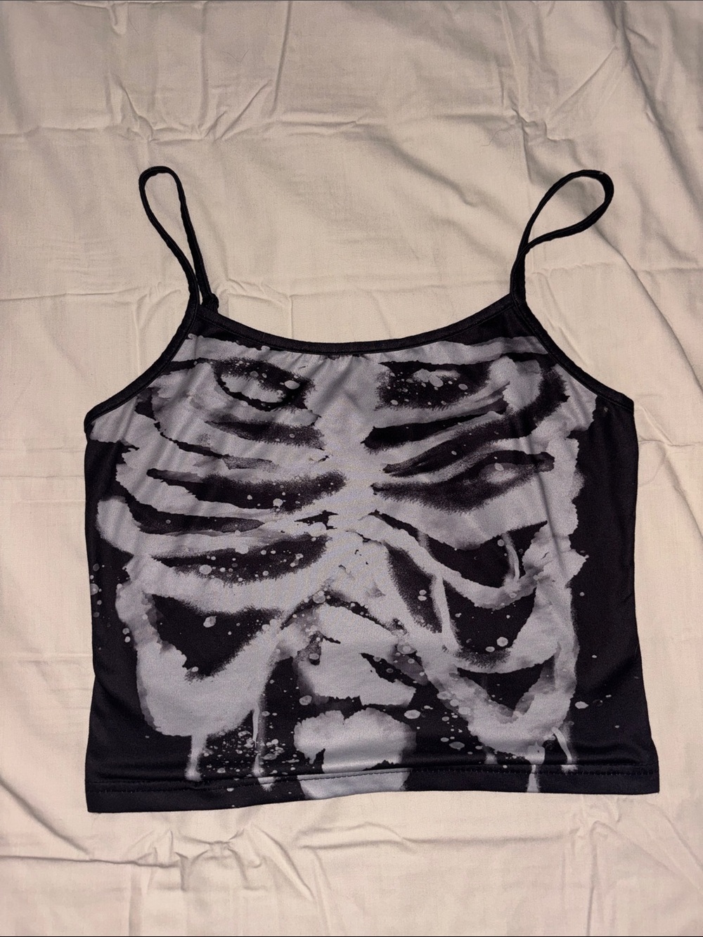 Black Skeleton Print Spaghetti Strap Crop Top